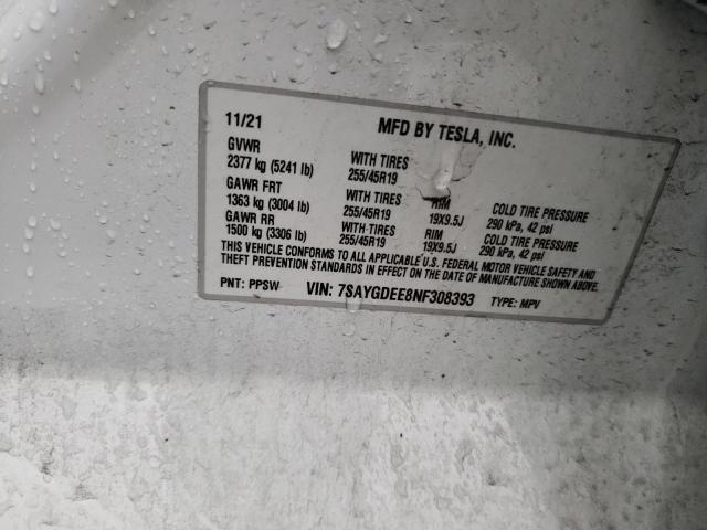 7SAYGDEE8NF308393 Tesla Model Y