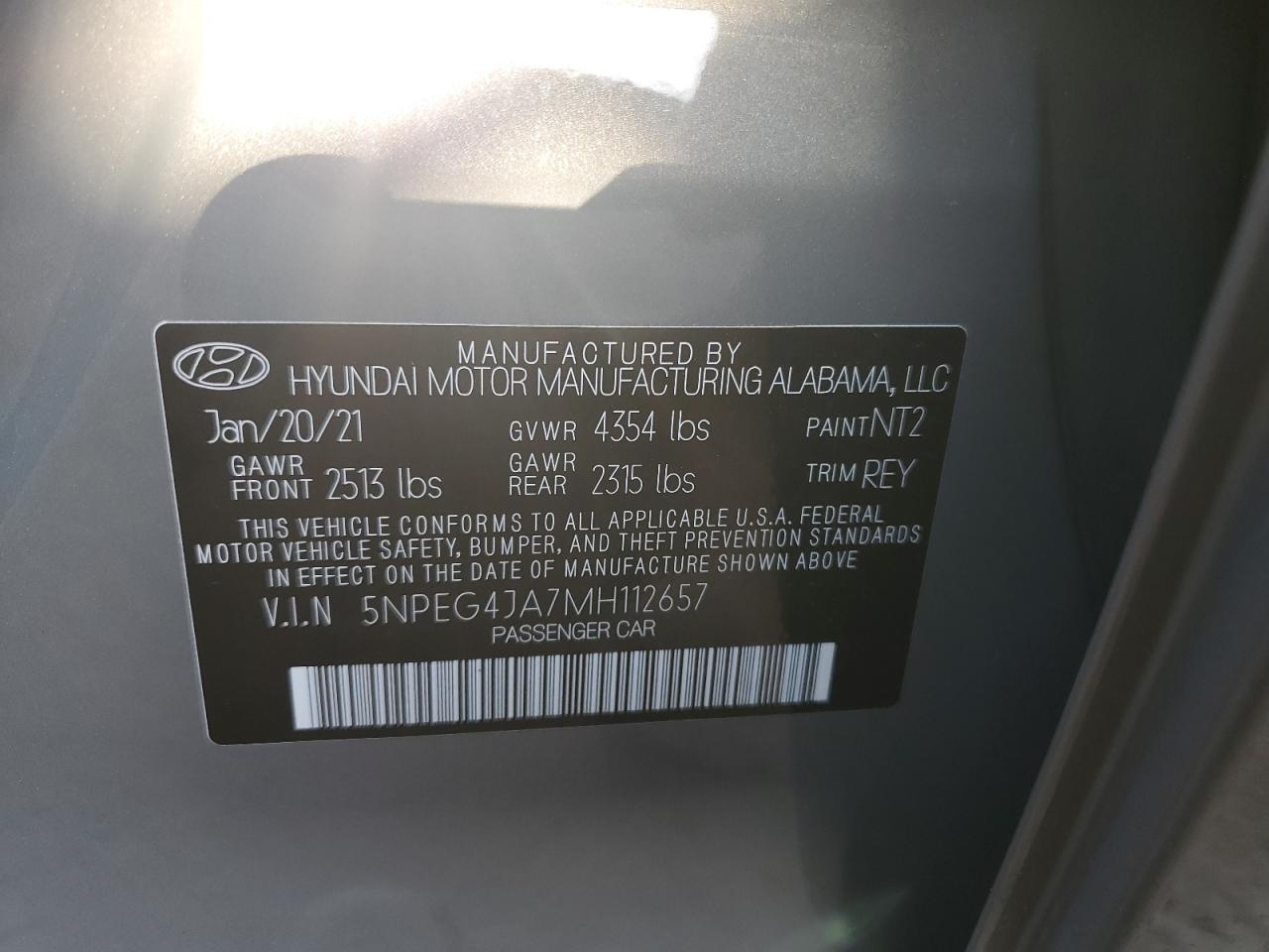 2021 Hyundai Sonata Se VIN: 5NPEG4JA7MH112657 Lot: 46718253
