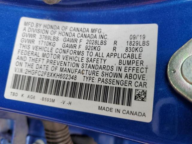 2019 HONDA CIVIC SPOR - 2HGFC2F8XKH602348