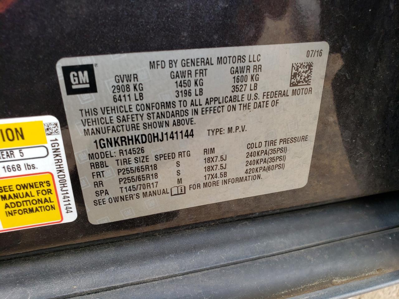 1GNKRHKD0HJ141144 CHEVROLET TRAVERSE 2017