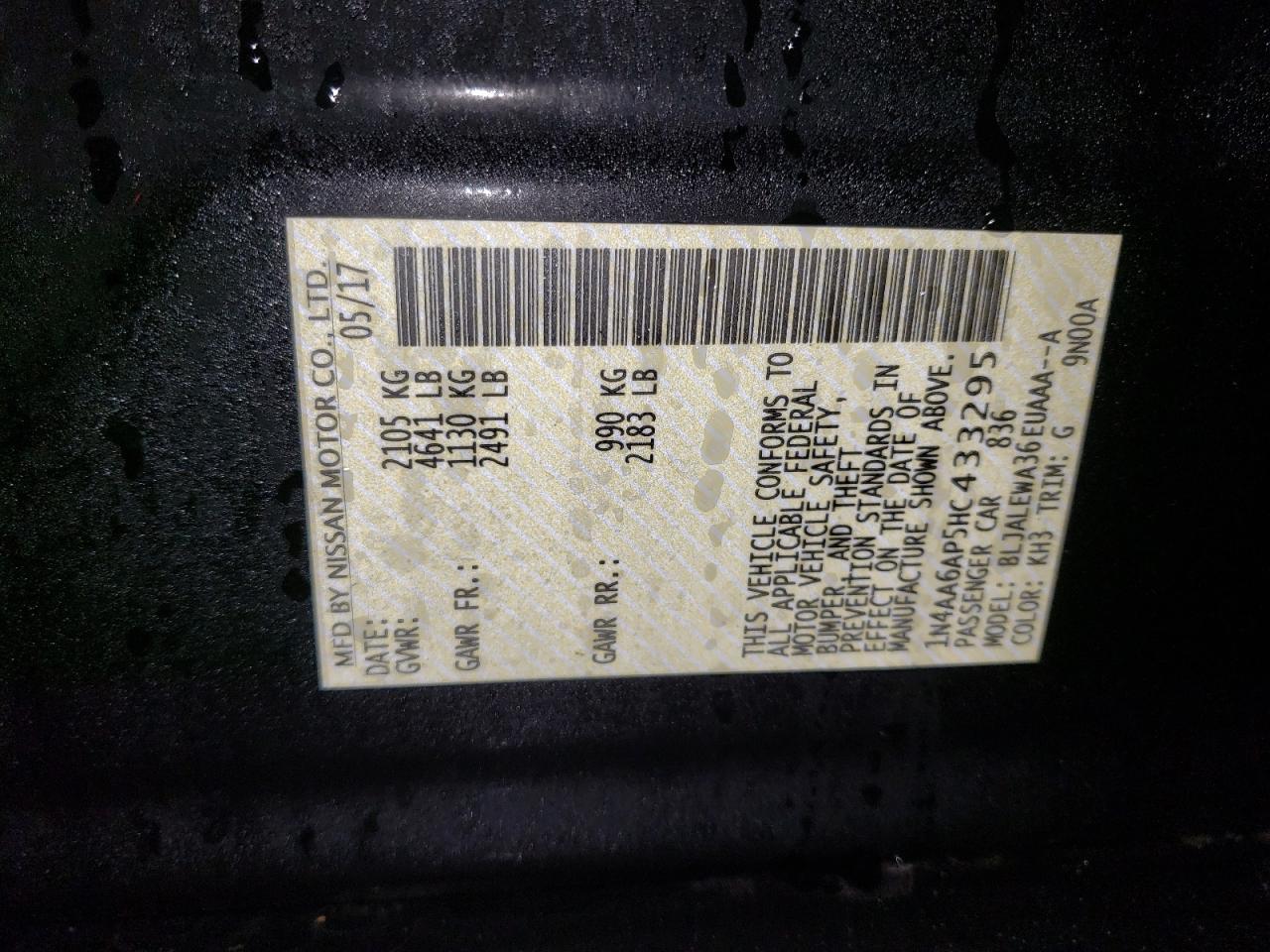 1N4AA6AP5HC433295 NISSAN MAXIMA 2017