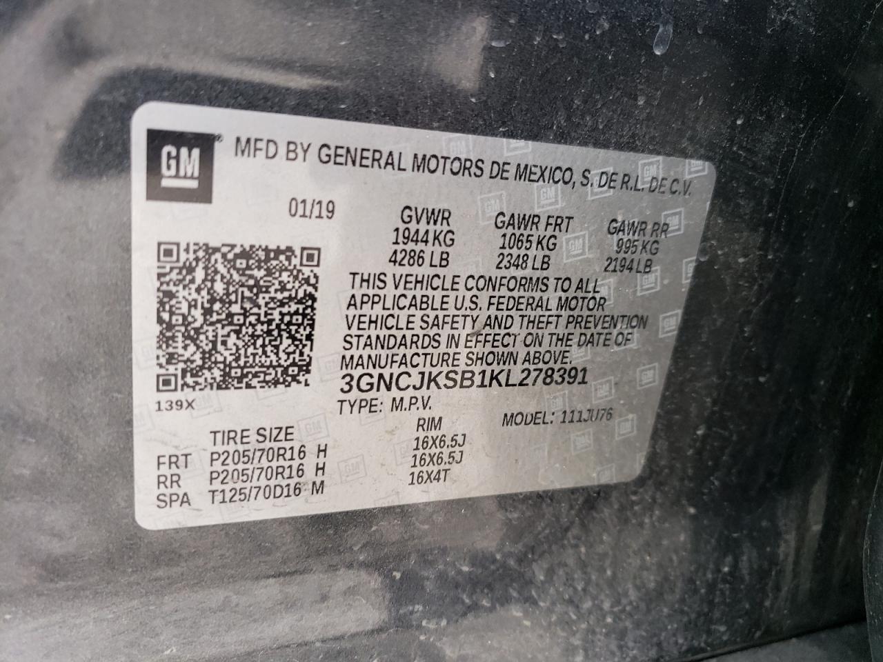 3GNCJKSB1KL278391 CHEVROLET TRAX 2019