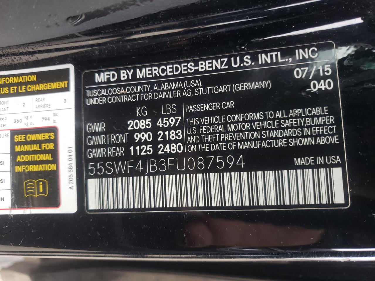 Mercedes-benz C  2015 55SWF4JB3FU087594 photo 12