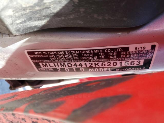 2019 HONDA CRF250 L MLHMD4412K5201563