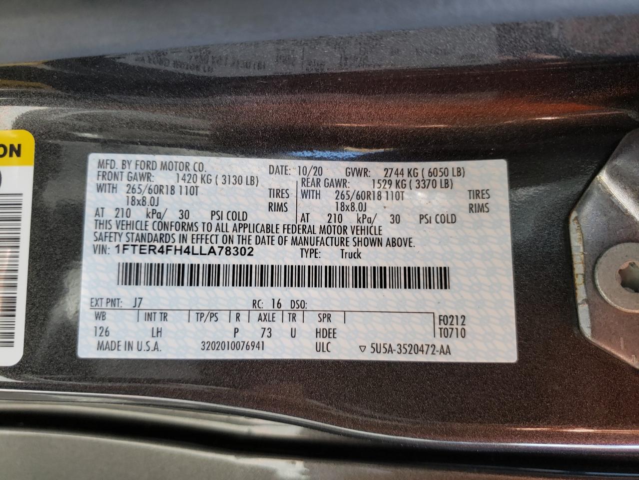 1FTER4FH4LLA78302 FORD RANGER 2020