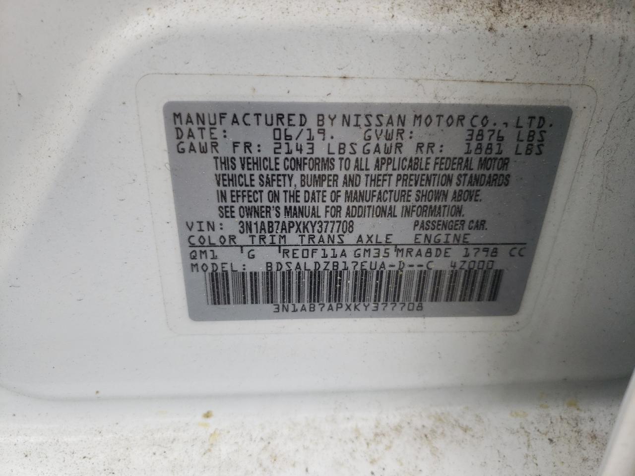 3N1AB7APXKY377708 2019 Nissan Sentra S