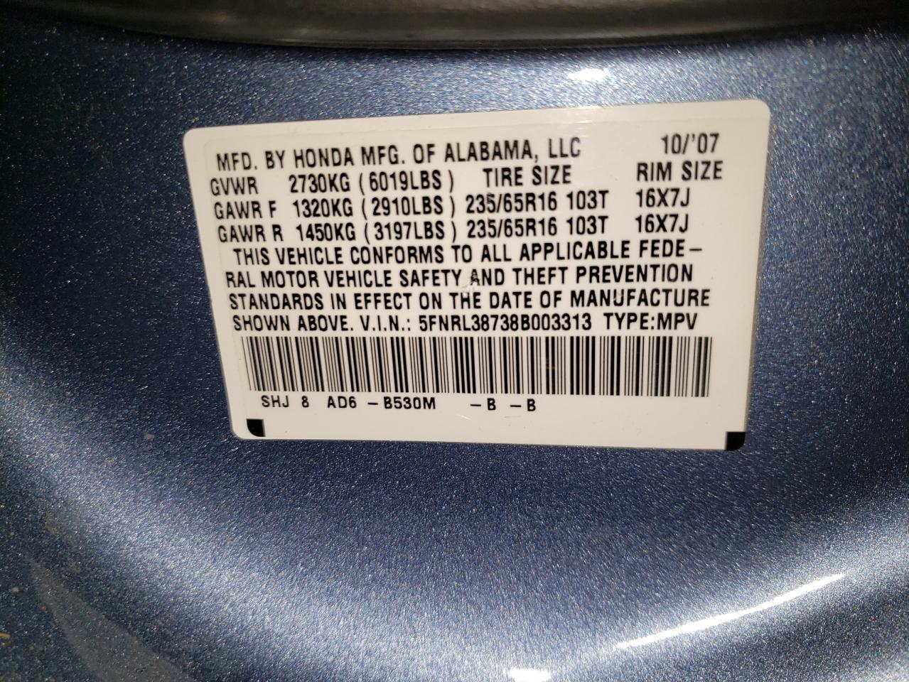 5FNRL38738B003313 2008 Honda Odyssey Exl