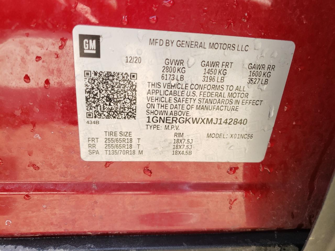 1GNERGKWXMJ142840 CHEVROLET TRAVERSE 2021