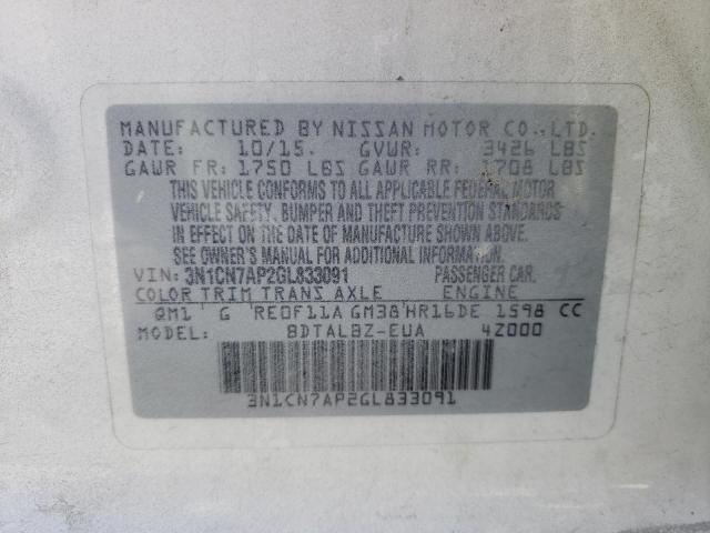 3N1CN7AP2GL833091 Nissan VERSA S