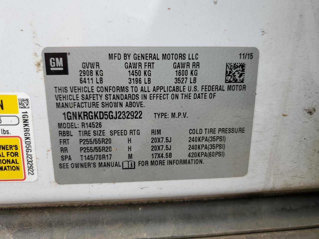 1GNKRGKD5GJ232922 CHEVROLET TRAVERSE 2016