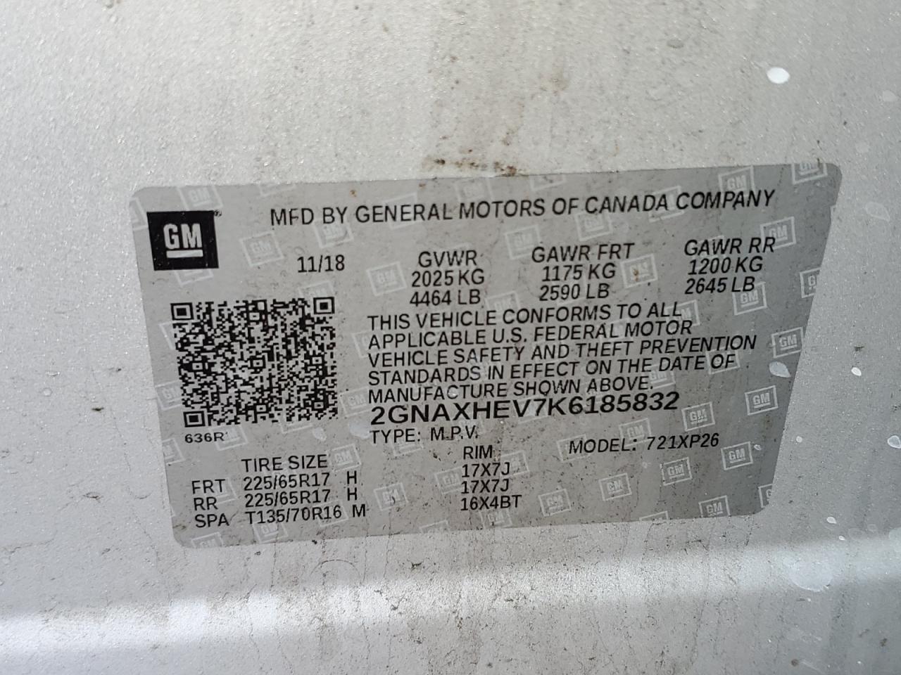 2GNAXHEV7K6185832 CHEVROLET EQUINOX 2019