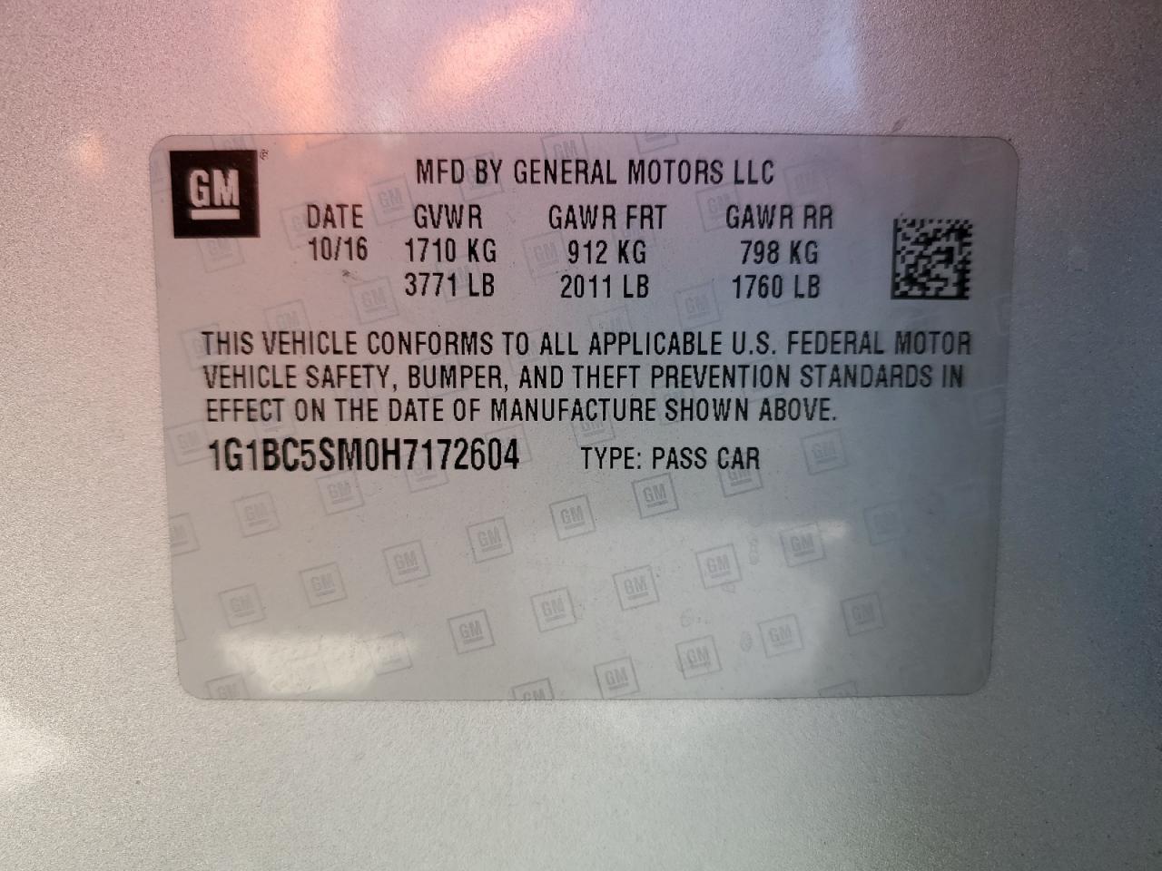 1G1BC5SM0H7172604 CHEVROLET CRUZE 2017
