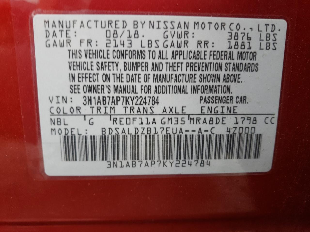 3N1AB7AP7KY224784 NISSAN SENTRA 2019