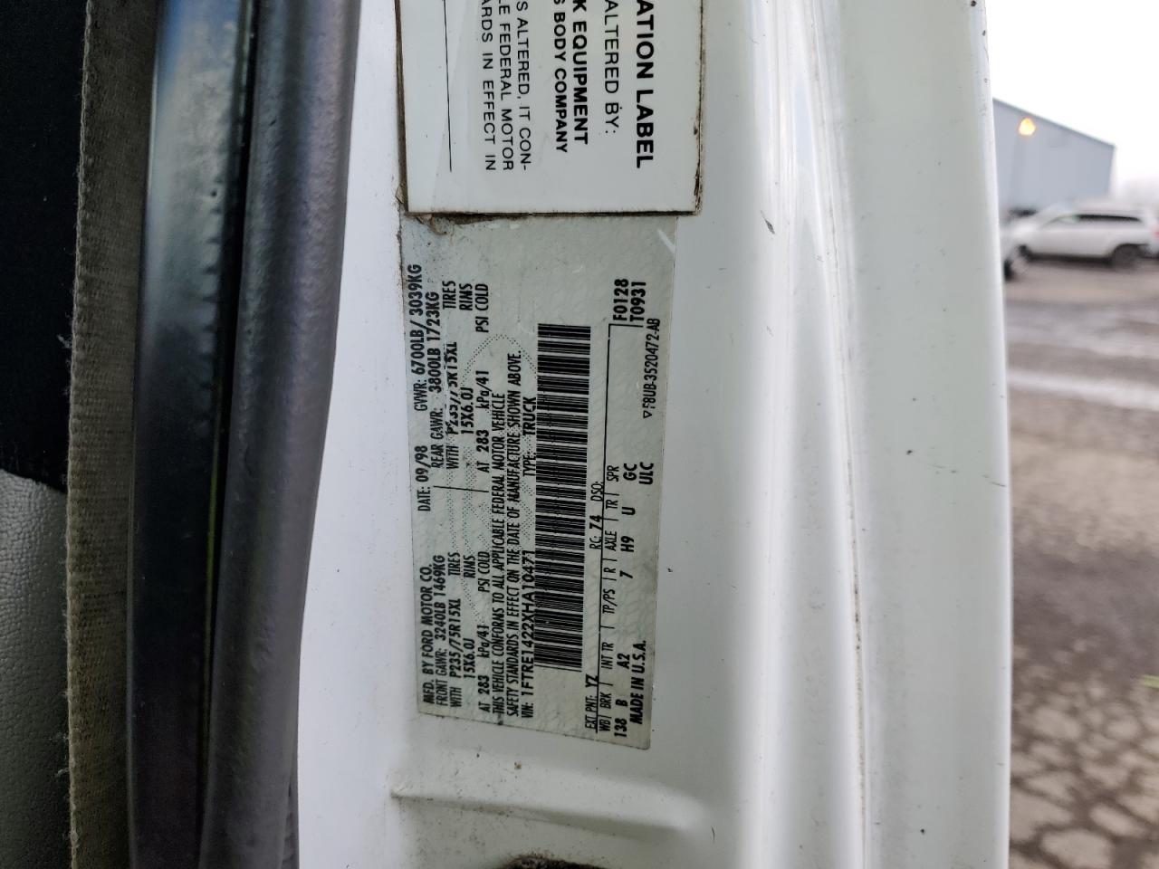 1999 Ford Econoline E150 Van VIN: 1FTRE1422XHA10471 Lot: 59278324