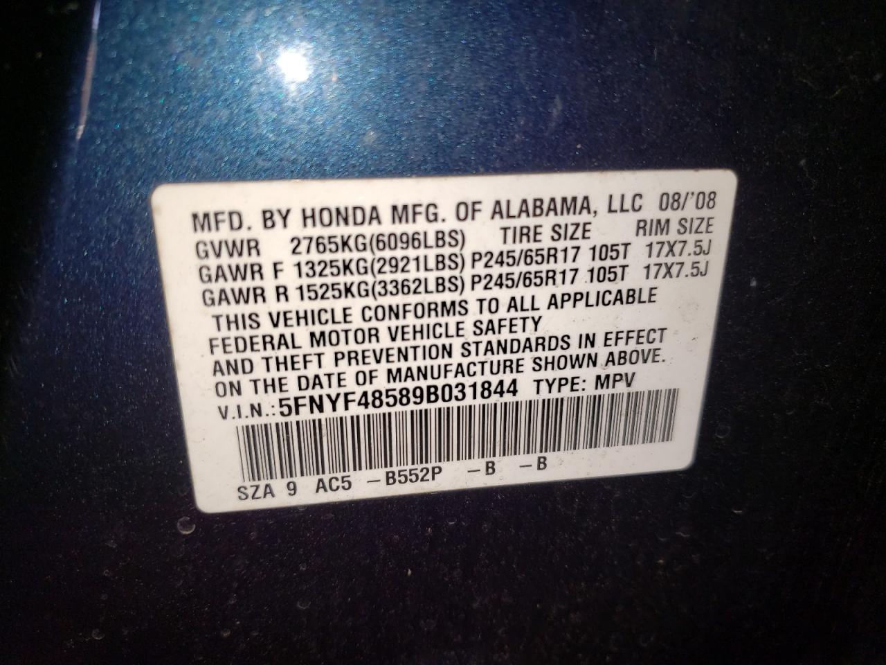 5FNYF48589B031844 2009 Honda Pilot Exl