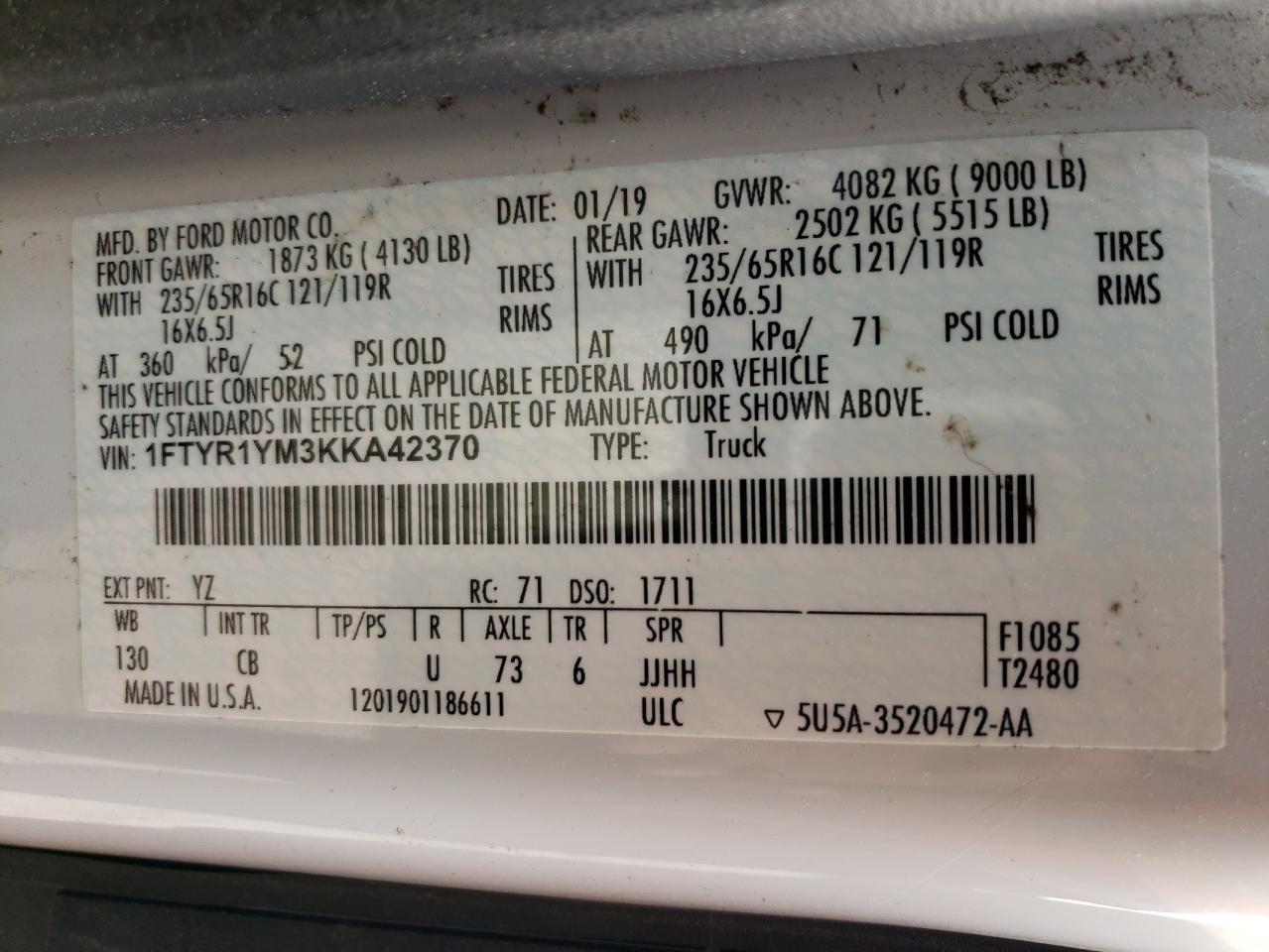 1FTYR1YM3KKA42370 FORD TRANSIT 2019