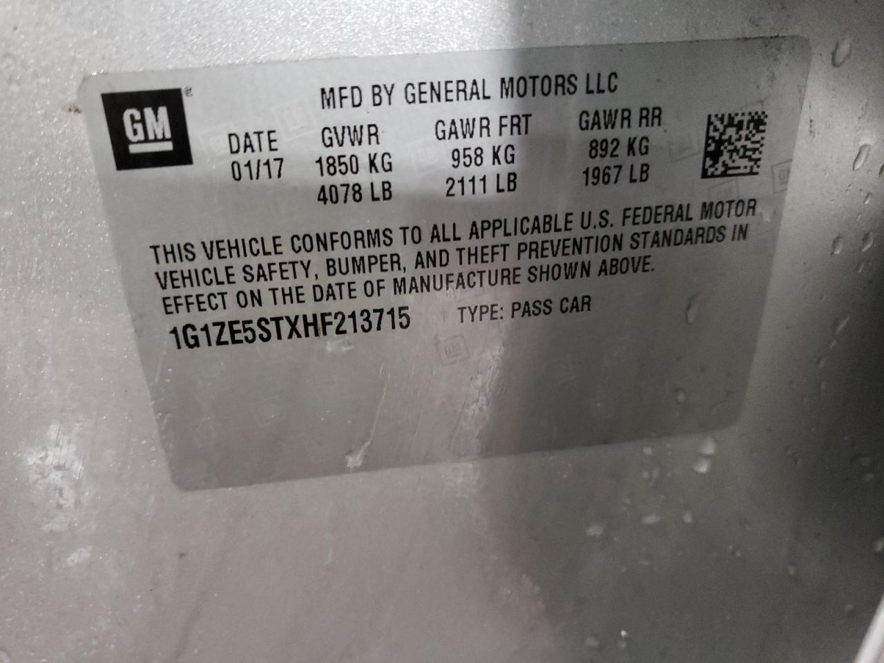1G1ZE5STXHF213715 CHEVROLET MALIBU 2017