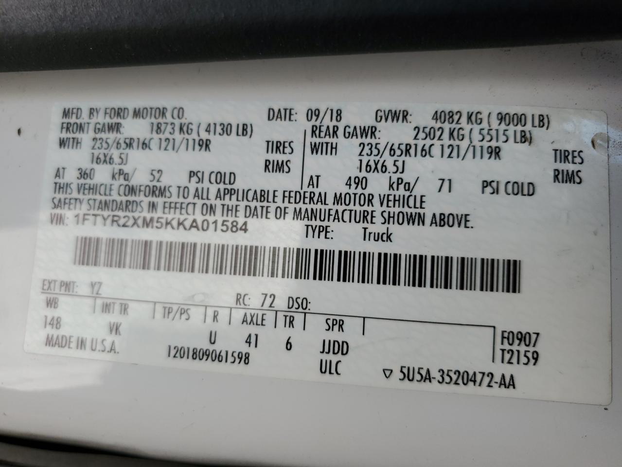 1FTYR2XM5KKA01584 FORD TRANSIT 2019