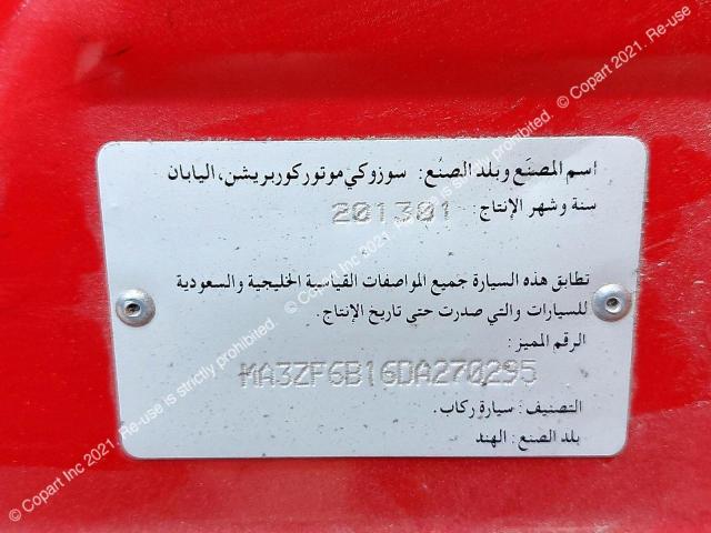 MA3ZF6B16DA270295 Auction: COPART UAE Lot: 47533763 Location: DUBAI INDUSTRIAL CITY - DUBAI MA3ZF6B16DA270295 SUZUKI SWIFT 2013 RED Photo 11