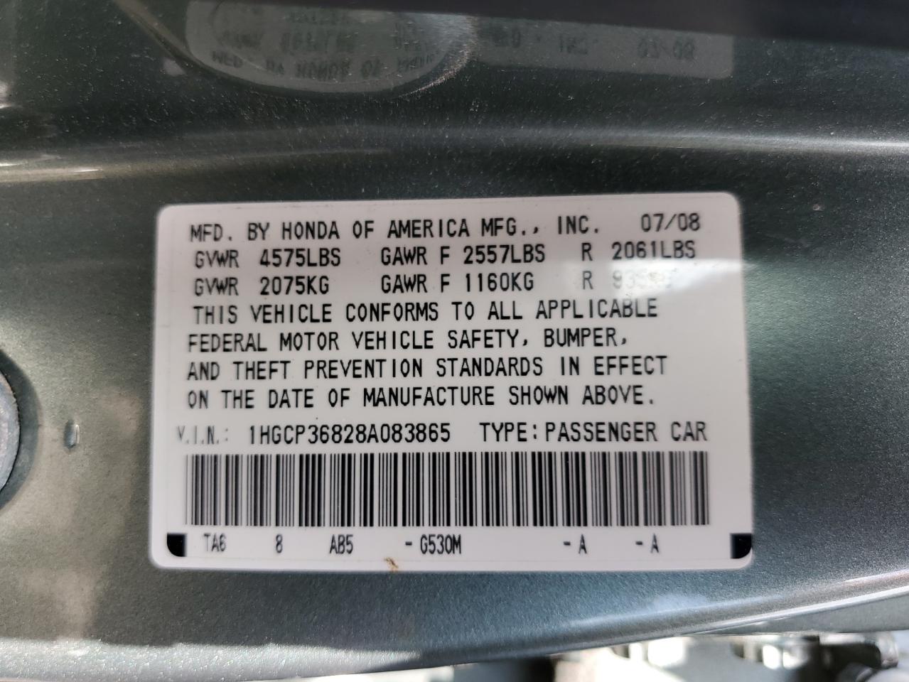 1HGCP36828A083865 2008 Honda Accord Exl