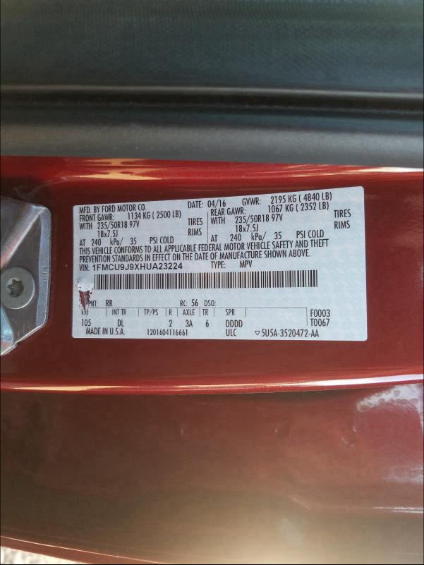 1FMCU9J9XHUA23224 2017 Ford Escape Tit 2.0L