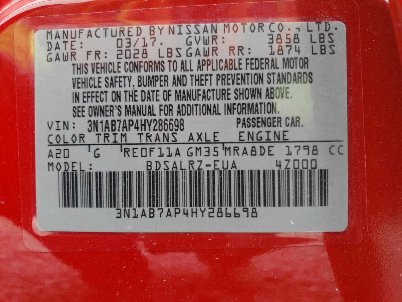 3N1AB7AP4HY286698 2017 Nissan Sentra S