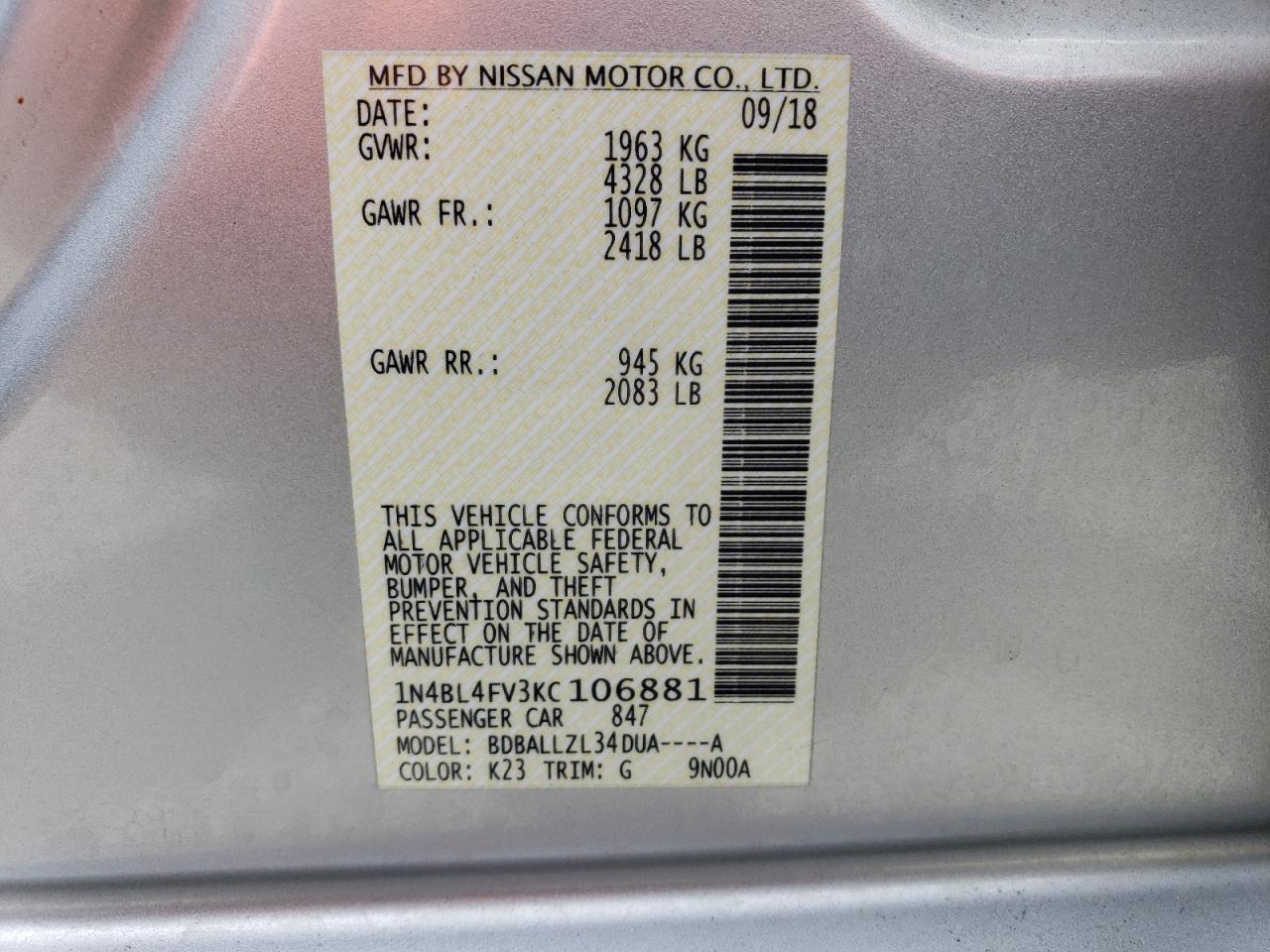 1N4BL4FV3KC106881 NISSAN ALTIMA 2019