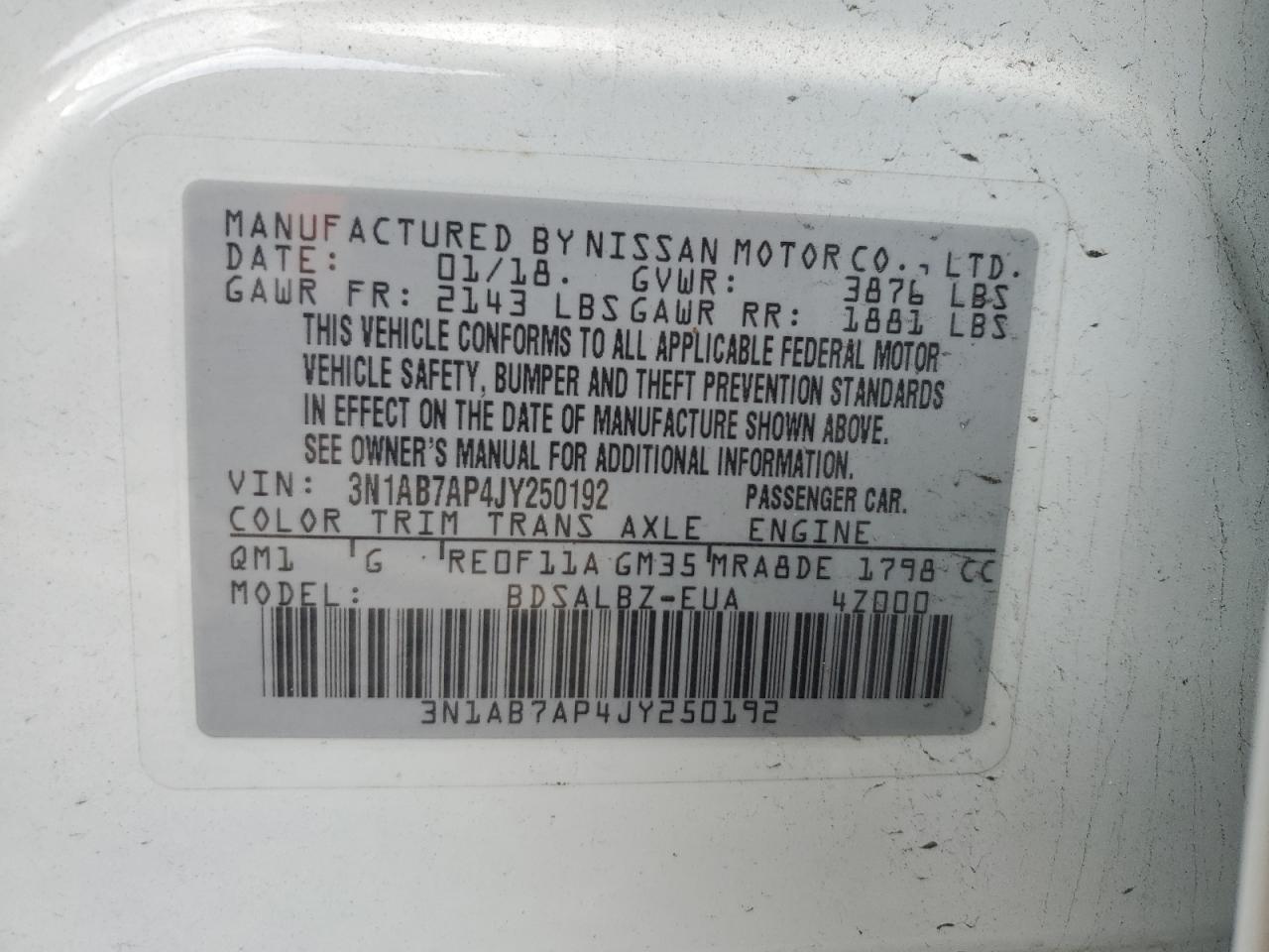 3N1AB7AP4JY250192 NISSAN SENTRA 2018