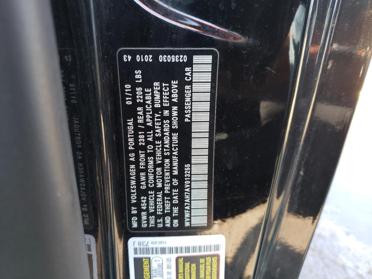 WVWFA7AH7AV013255 2010 Volkswagen Eos Lux