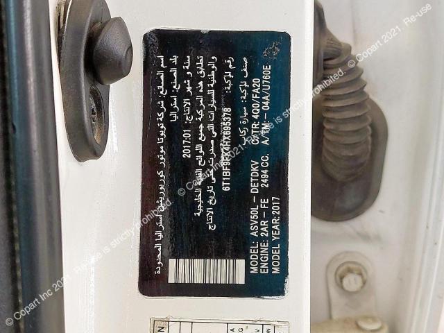 6T1BF9FK4HX695378 Auction: COPART UAE Lot: 46842533 Location: DUBAI INDUSTRIAL CITY - DUBAI 6T1BF9FK4HX695378 TOYOTA CAMRY 2017 WHITE Photo 11