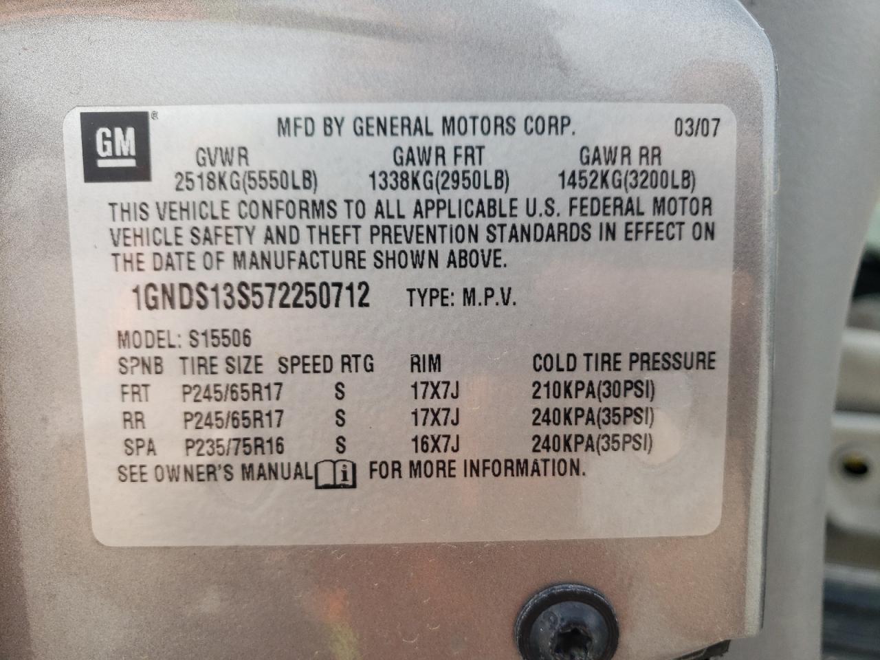 2007 Chevrolet Trailblazer Ls VIN: 1GNDS13S572250712 Lot: 47331853