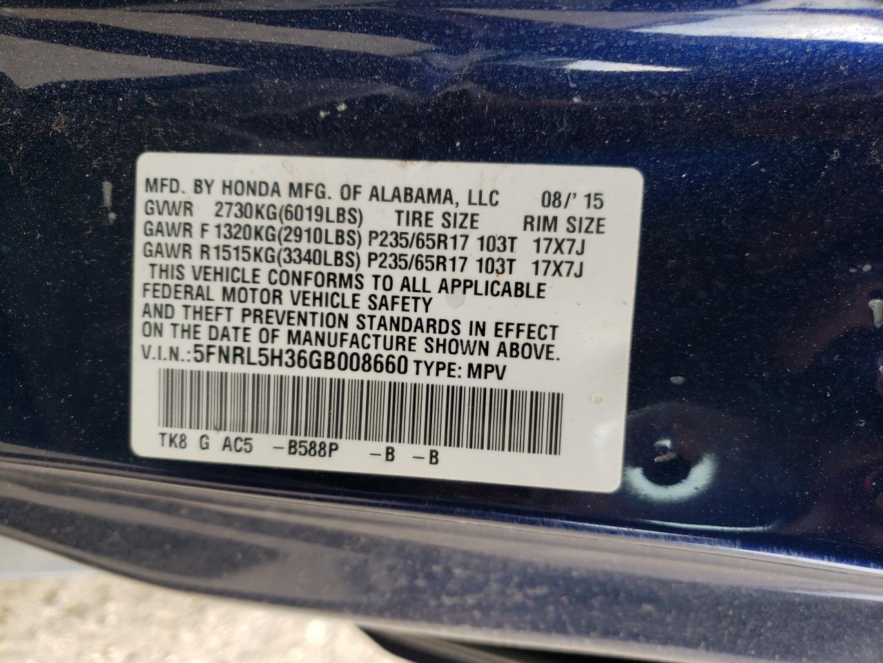 5FNRL5H36GB008660 2016 Honda Odyssey Se