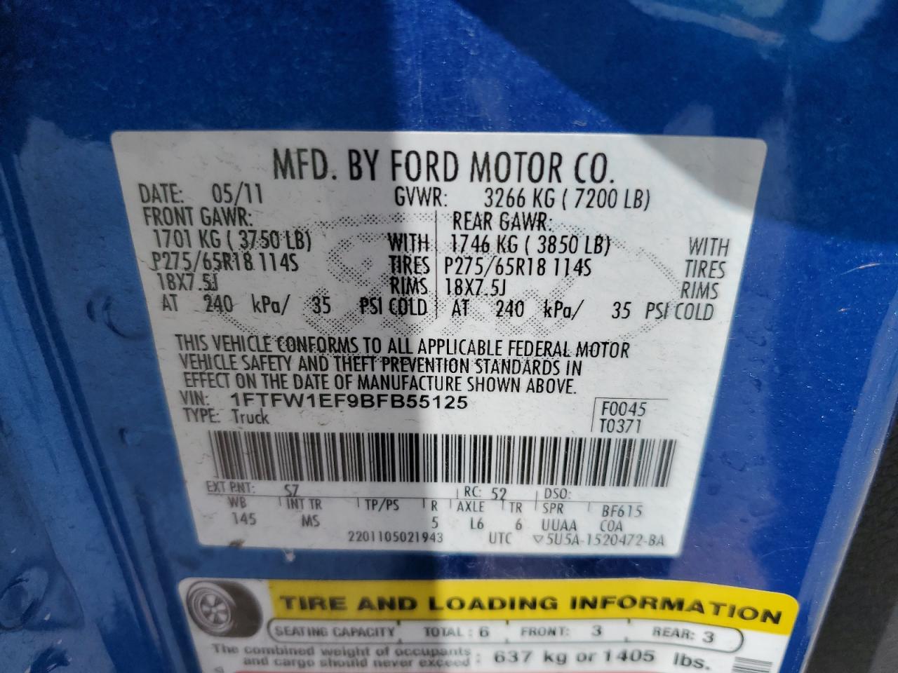 2011 Ford F150 Supercrew VIN: 1FTFW1EF9BFB55125 Lot: 47764033