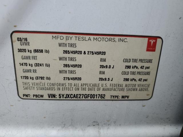 5YJXCAE27GF001762 Tesla MODEL X