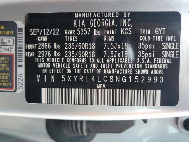 5XYRL4LC8NG152993 KIA SORENTO S