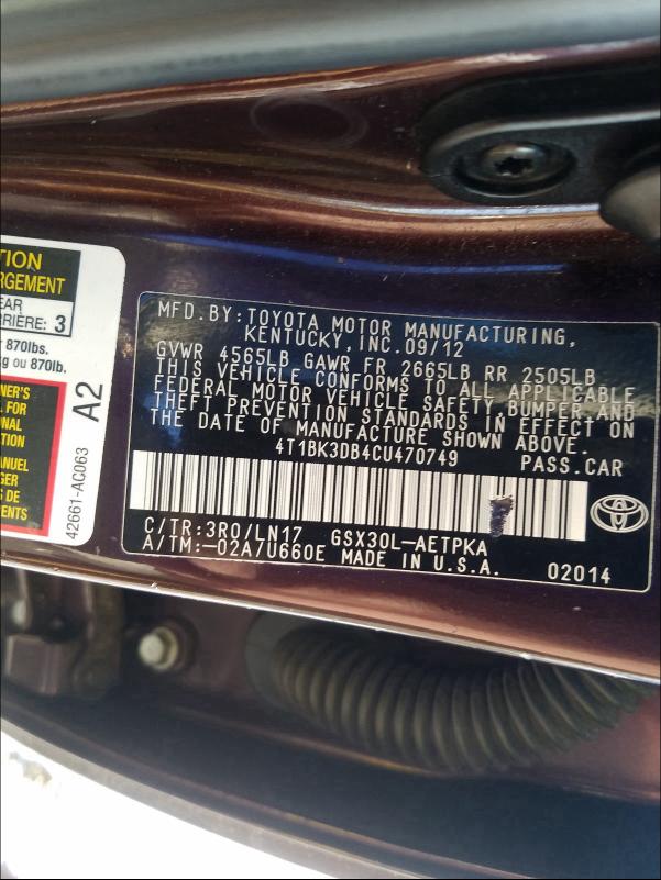 2012 TOYOTA AVALON BAS 4T1BK3DB4CU470749