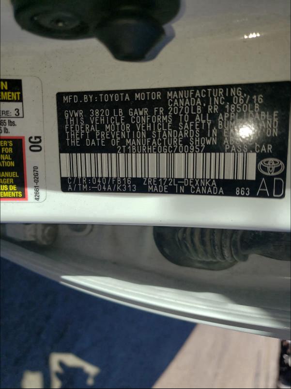 2016 TOYOTA COROLLA 2T1BURHE0GC700957