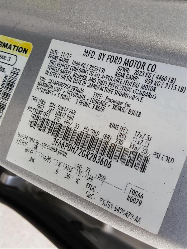 2016 FORD FUSION 3FA6P0H72GR283606