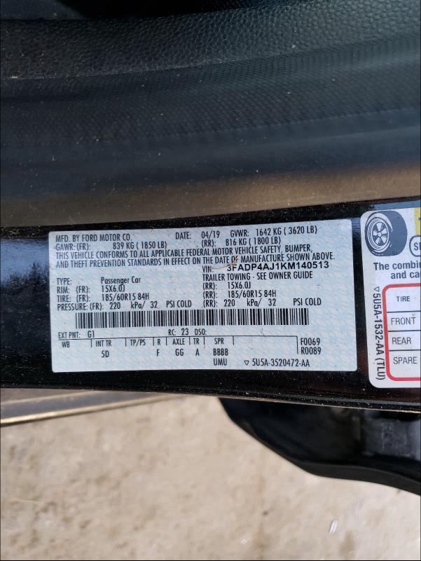 2019 FORD FIESTA S 3FADP4AJ1KM140513