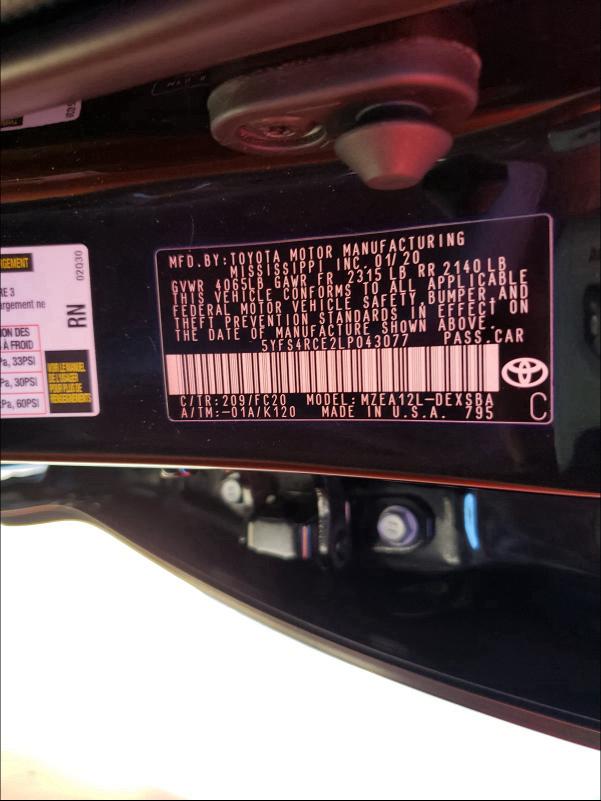 5YFS4RCE2LP043077 2020 Toyota Corolla Se 2.0L