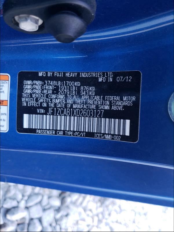 2013 SUBARU BRZ 2.0 PR JF1ZCAB1XD2603127