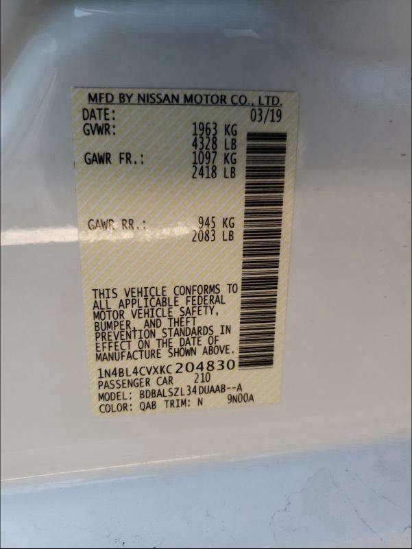 2019 NISSAN ALTIMA SR 1N4BL4CVXKC204830