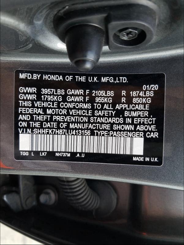 2020 HONDA CIVIC EXL SHHFK7H87LU413156