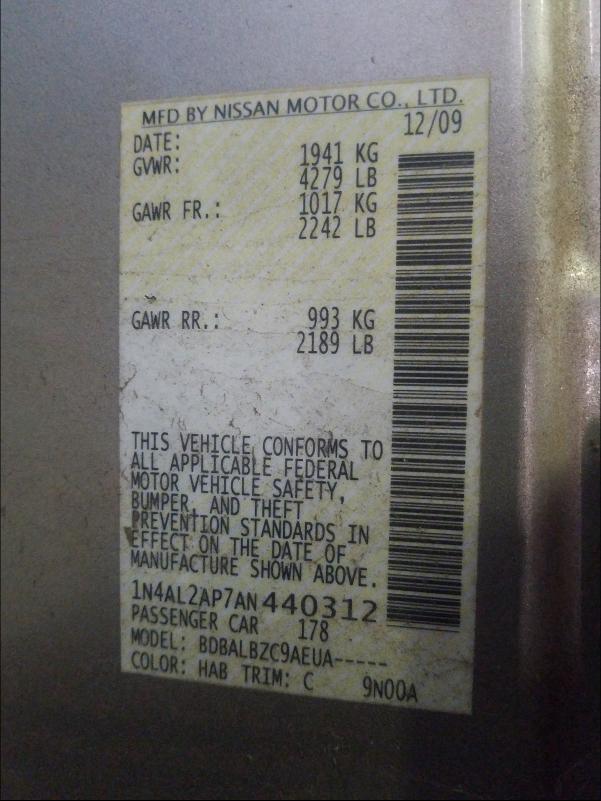 2010 NISSAN ALTIMA BAS 1N4AL2AP7AN440312