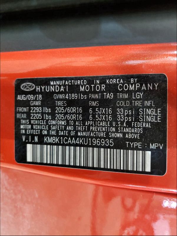 2019 HYUNDAI KONA SE KM8K1CAA4KU196935