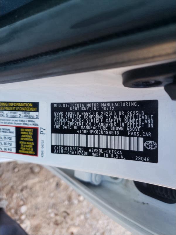 2012 TOYOTA CAMRY BASE 4T1BF1FK8CU186918