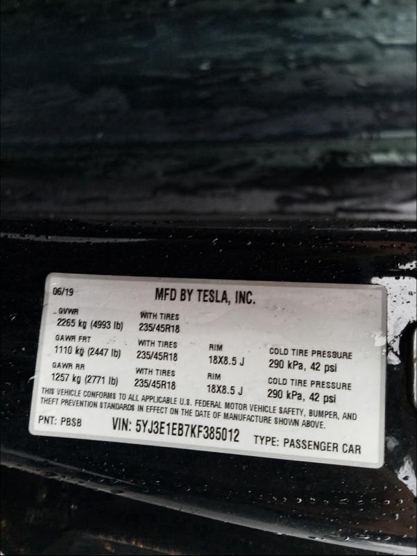 2019 TESLA MODEL 3 5YJ3E1EB7KF385012