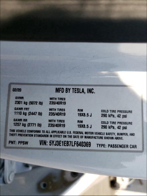 2020 TESLA MODEL 3 5YJ3E1EB7LF640369
