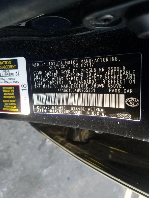 2017 TOYOTA AVALON XLE 4T1BK1EB4HU255351
