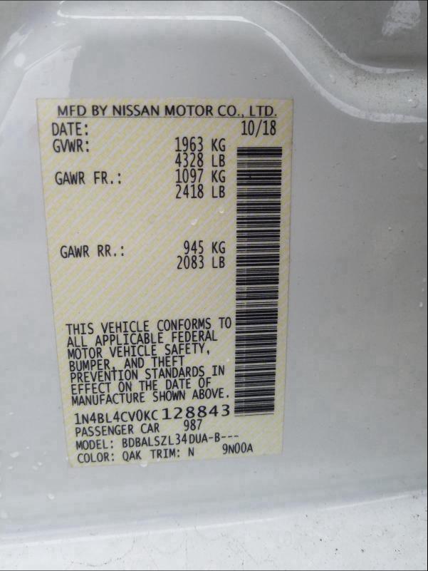 2019 NISSAN ALTIMA SR 1N4BL4CV0KC128843